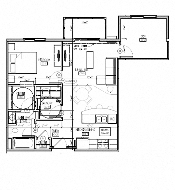 Floor plan for 1 bed, 1 bath, 782 sqft